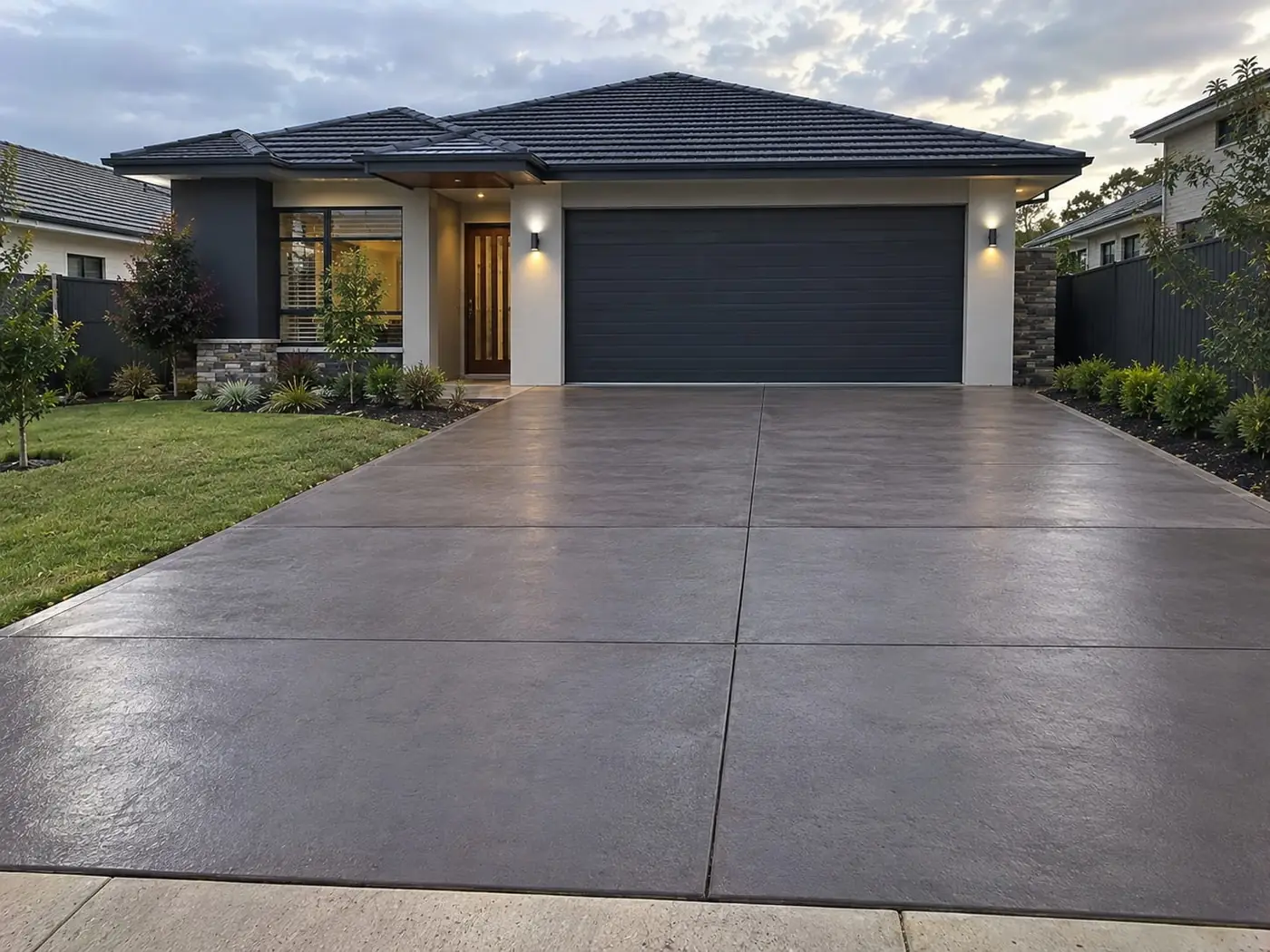 Charcoal coloured concrete driveway at a modern Wollongong home