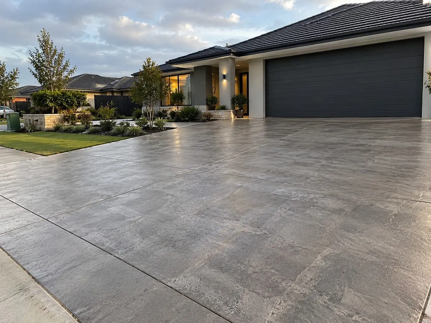 Slate grey concrete driveway with a natural stone look in Wollongong