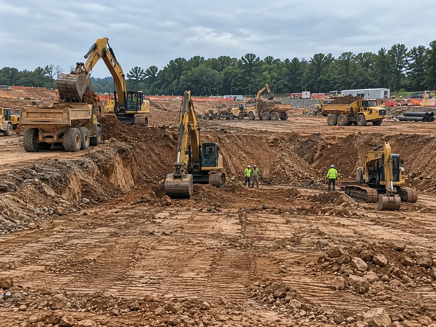 Excavators cutting a building platform with trucks carting spoil